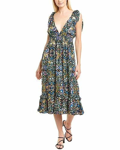 Nicole Miller Mosaic Smocked Silk-Blend Midi Dress Women 3 Nicole Miller Mosaic Smocked Silk-Blend Midi Dress Women